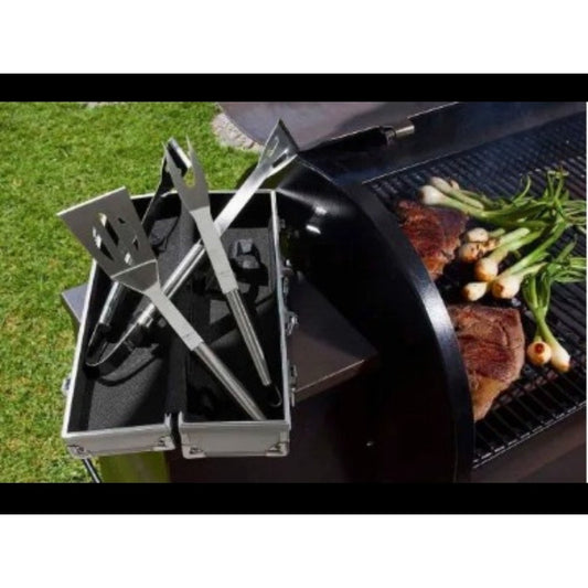 Set BBQ con Maletín de Aluminio | Pinzas, Espátula, Tenedor y Estuche Metálico
