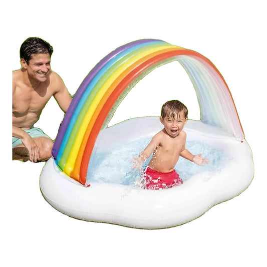 Alberca Inflable Nube con Techo Arcoíris – Diversión y Protección para los Pequeños!