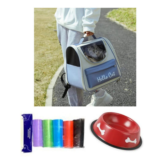 Kit de Viaje para Mascotas : Transportadora + Tazón + Bolsitas | Ideal para Perros y Gatos