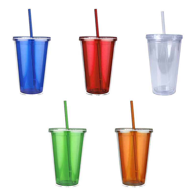 Vasos Doble Pared con Tapa y Popote – 500ml | Pack de 24 pzas