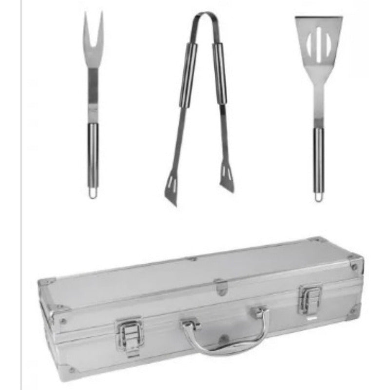 Set BBQ con Maletín de Aluminio | Pinzas, Espátula, Tenedor y Estuche Metálico