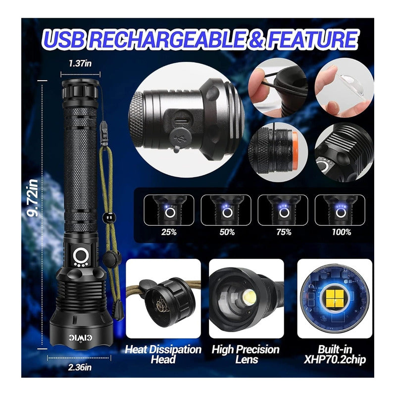 Linterna Táctica LED 90,000 Lúmenes | Impermeable, Recargable y Súper Brillante