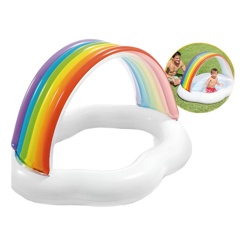 Alberca Inflable Nube con Techo Arcoíris – Diversión y Protección para los Pequeños!
