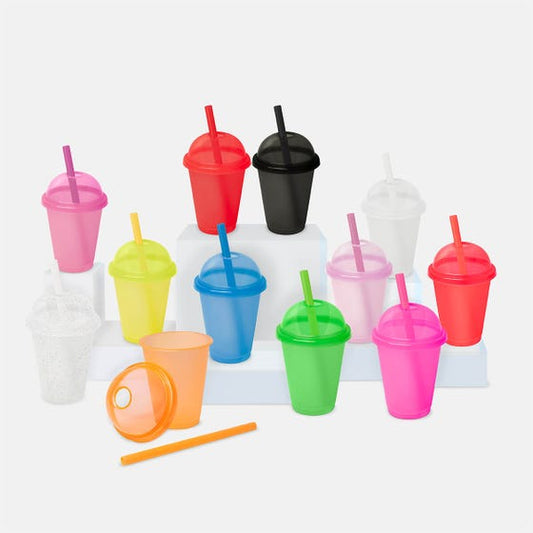 Vaso de Plástico con Tapa Domo y Popote Ancho 500 ml (17 Oz) | Paquete 50 pzas | Marca 2DRINK